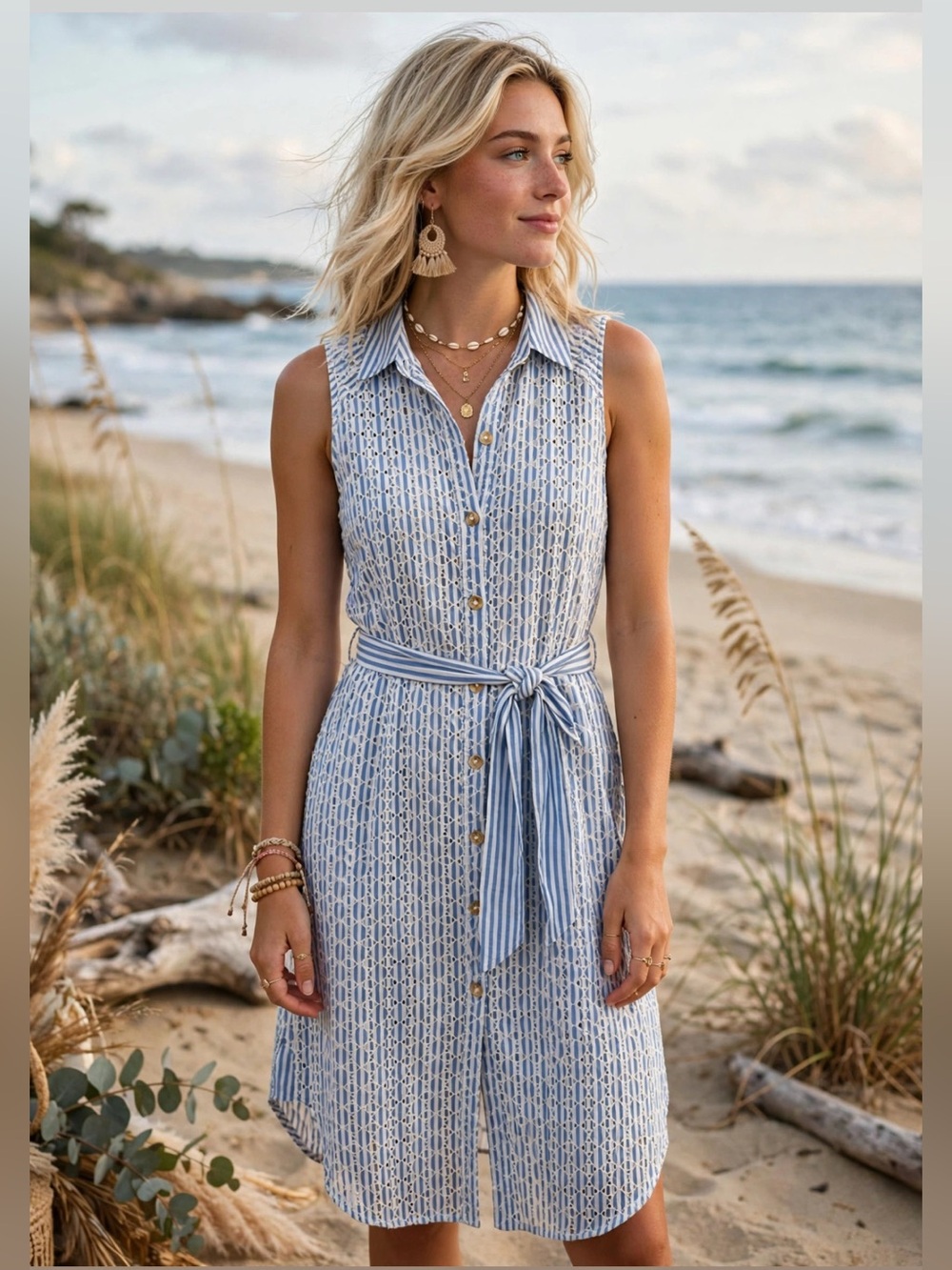Anthropologie Kismet Blue Striped Sleeveless Eyelet Dress Size 6
